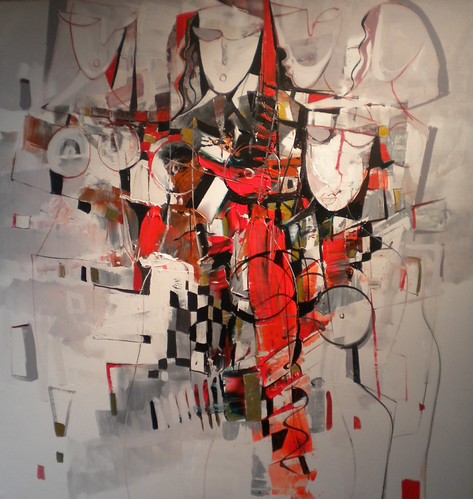 Fragmented figure in black, white and red