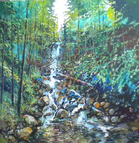 Rocky forest stream amid turquoise and green