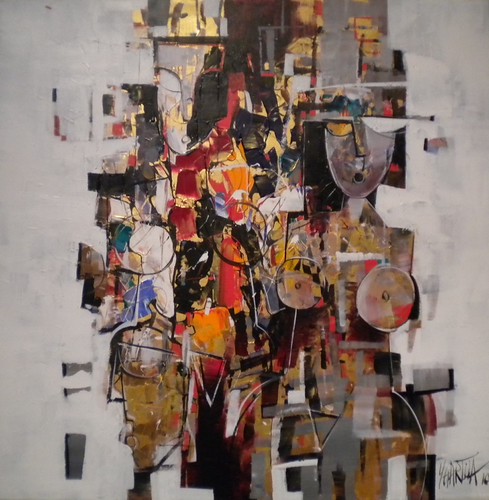 Fragmented figure on a pale grey background
