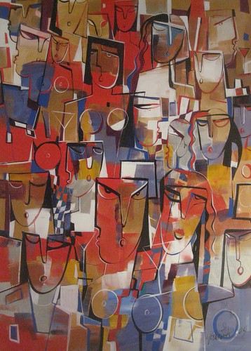 Angular faces and figures in ochre and red