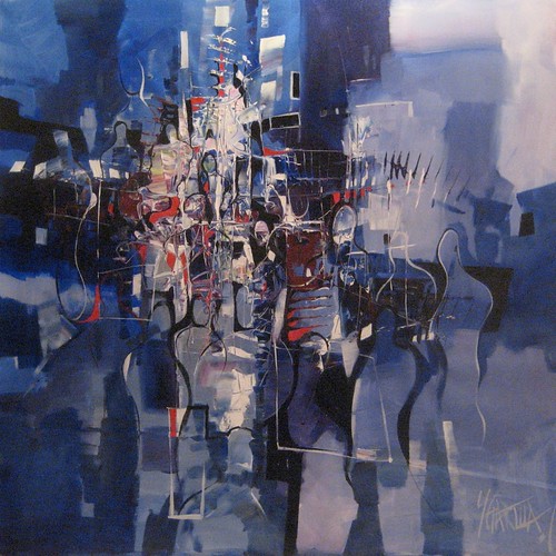 Dense vertical figure forms in blue and grey
