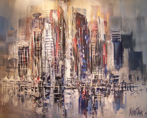 Pale dense towers above dark linear reflections