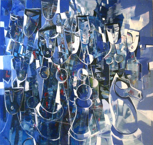 White crowned figures and horse head on dark blue