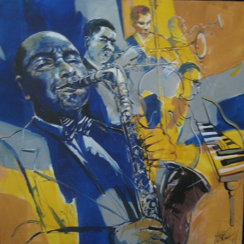 Trumpeter and musician portraits in blue and yellow