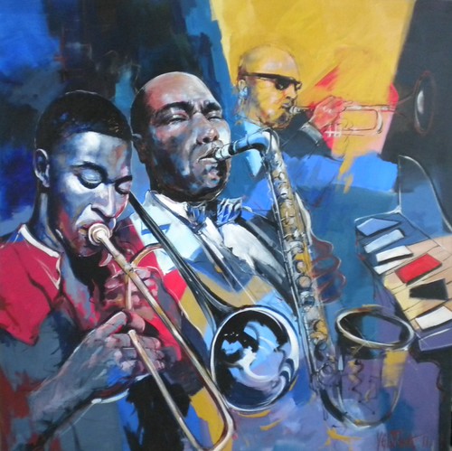 Three musicians with brass instruments and piano keys
