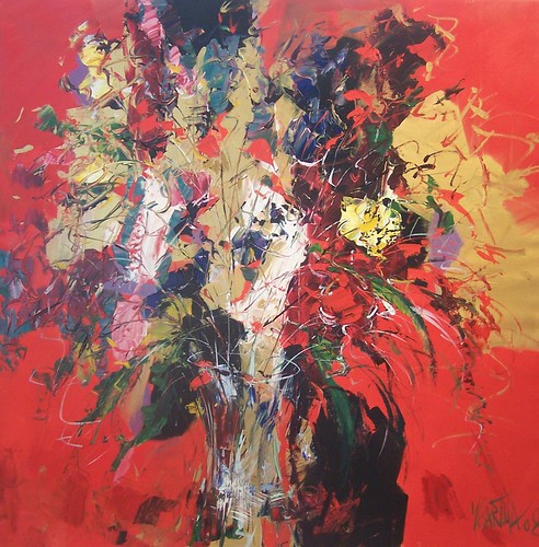 White and red bouquet on vivid red