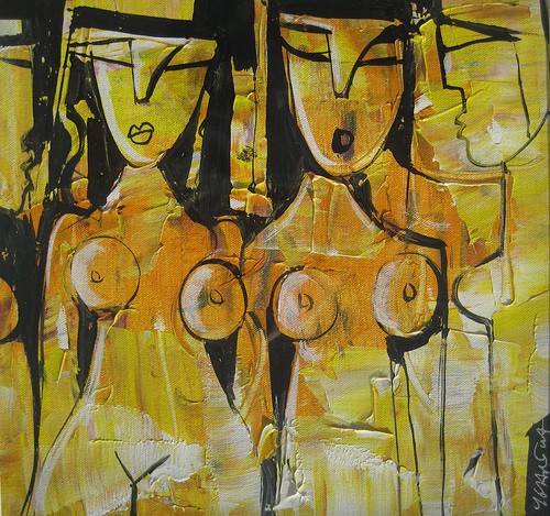 Two golden figures with angular faces