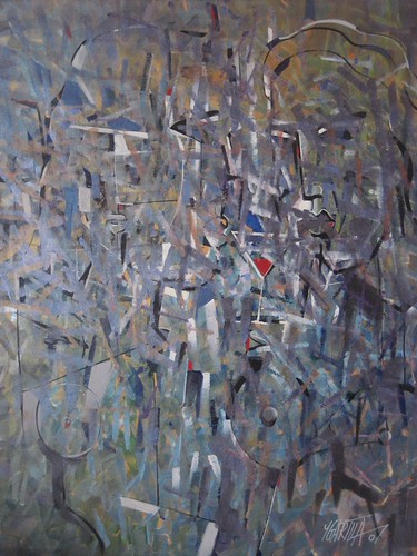 Dense overlapping figures in muted blue-grey