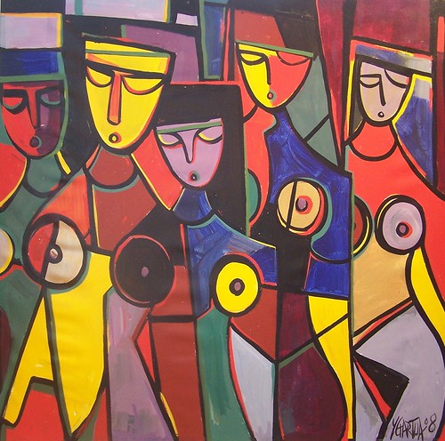 Row of angular figures in yellow and red