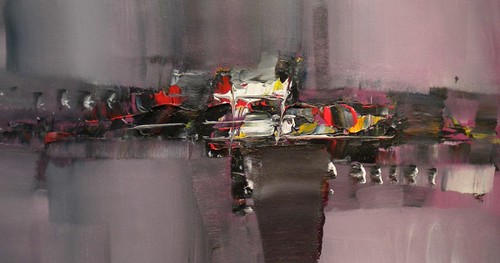 Fine red and black horizontal strokes on muted grey