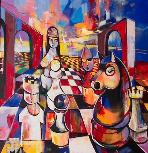 Queen and knight on a red and white board