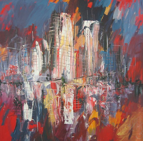 City towers and reflections in grey, red and blue