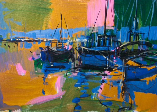 Blue boats beneath broad blocks of yellow and pink