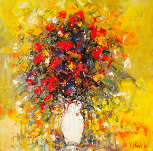 Orange and red flowers on yellow