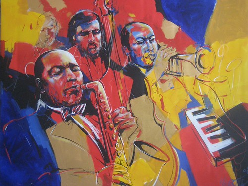 Musician portraits and piano keys in orange, red and blue