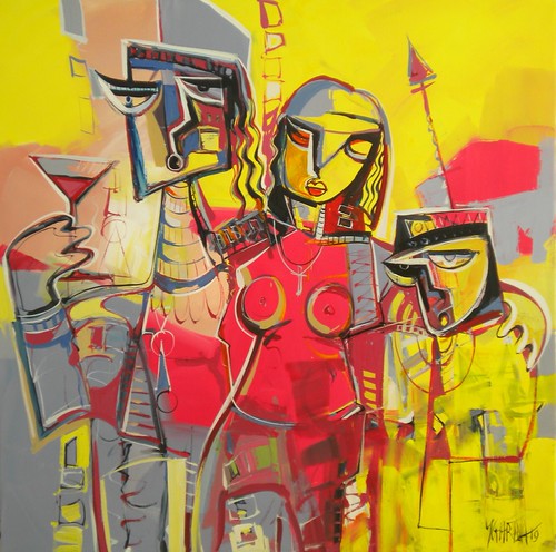 Three angular figures on yellow and red