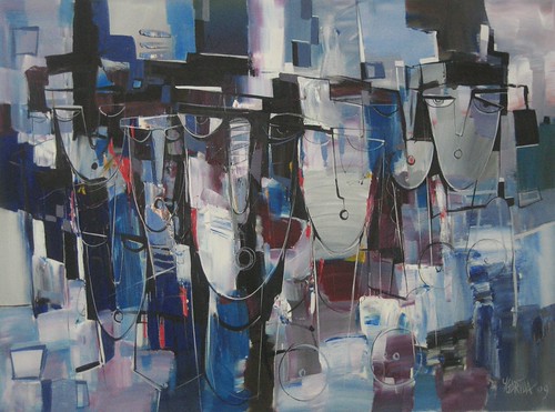 Pale elongated faces among dark blue blocks