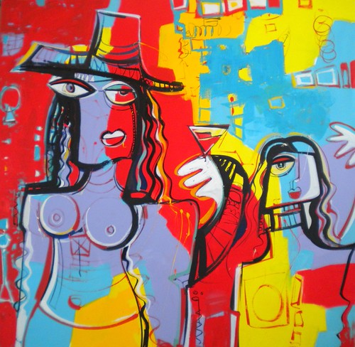 Woman and nearby figures on red, blue and yellow