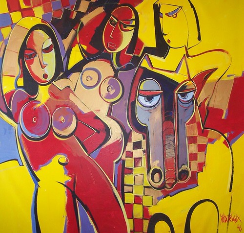 Female figure and horse among red and yellow shapes
