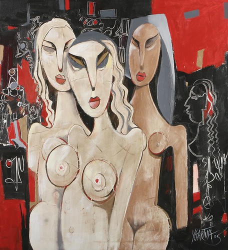 Three pale standing figures on red and black