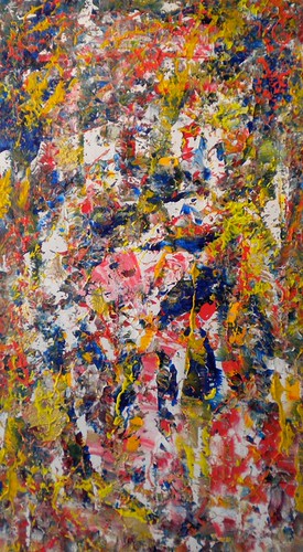 Dense small colourful marks in a vertical composition