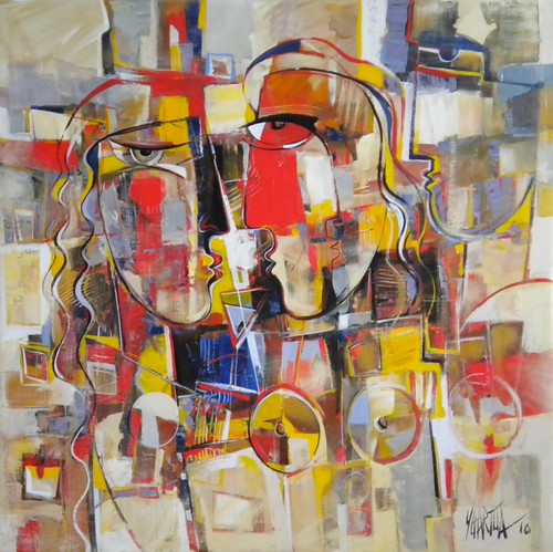 Two angular faces with red lips and gold outlines
