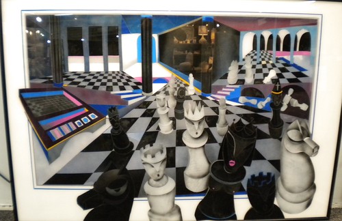 Large chess pieces with a deep perspective board