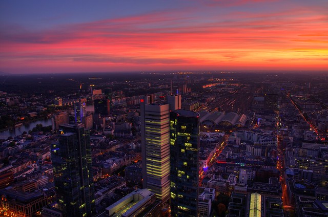 Sunset over the skyline in Frankfurt - Deutsche Bahn Building