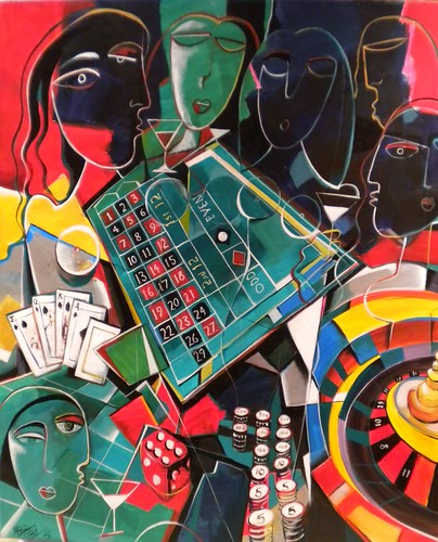 Figures, chequered forms and rounded shapes in bright colours