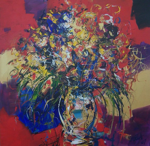 Bouquet in blue and yellow on red