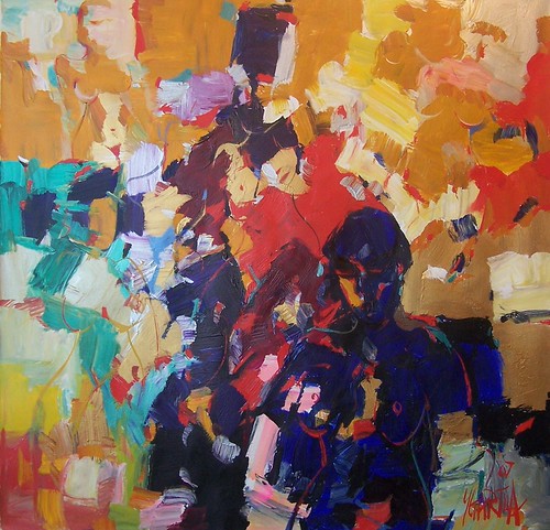Loose figure shapes in pale orange, blue and violet