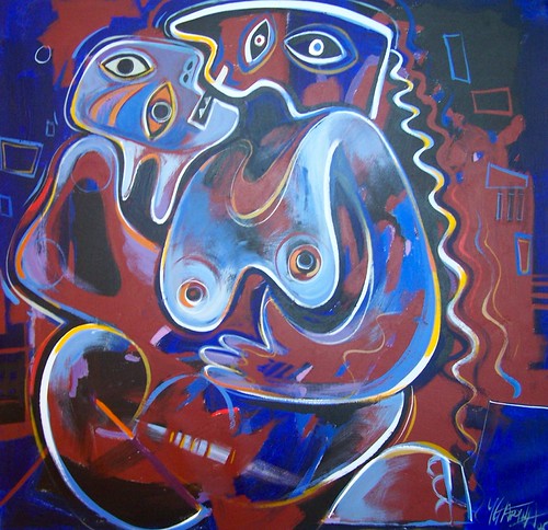 Two curving figures outlined in blue and red