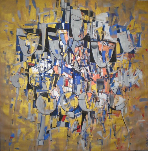 Cluster of white and blue figures on gold