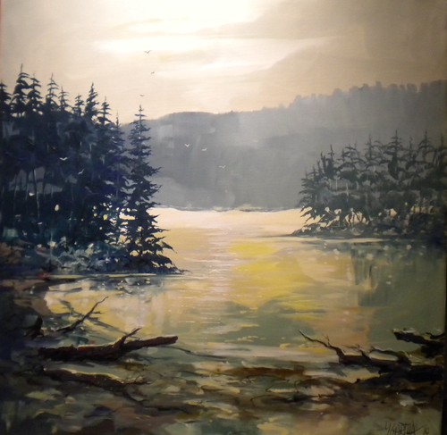 Golden light reflected on a forest inlet