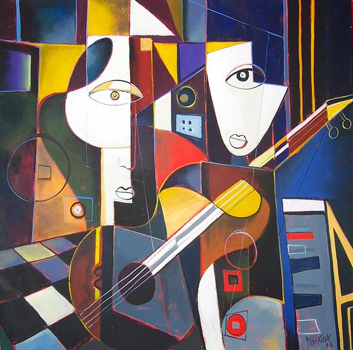 Geometric faces and a string instrument in bright colour blocks