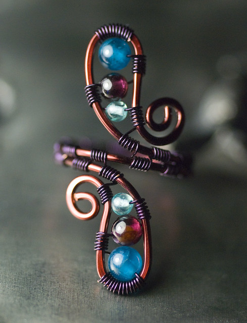 Long Gemstone Bronze Copper Wirework Ring - Peacock Blue Apatite & Garnet by Moss & Mist Jewelry