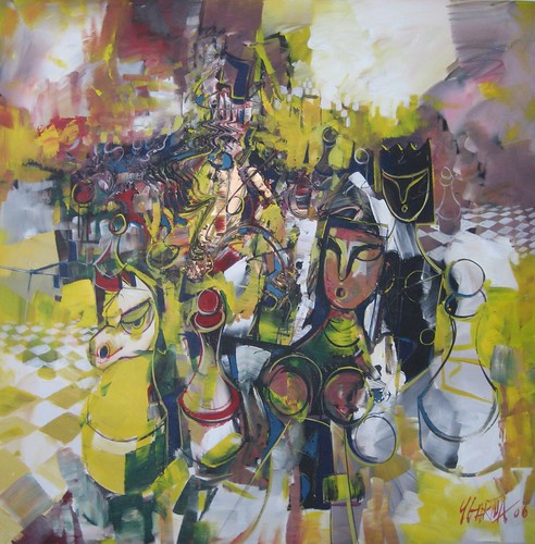 Figures and horse head among green and yellow marks