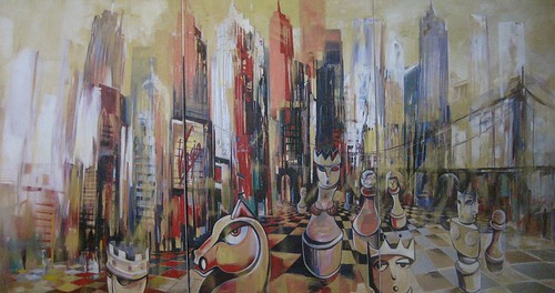 City skyline with round outlined forms in front