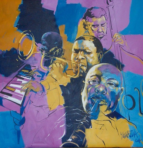 Musician portraits and brass instruments in yellow, blue and violet