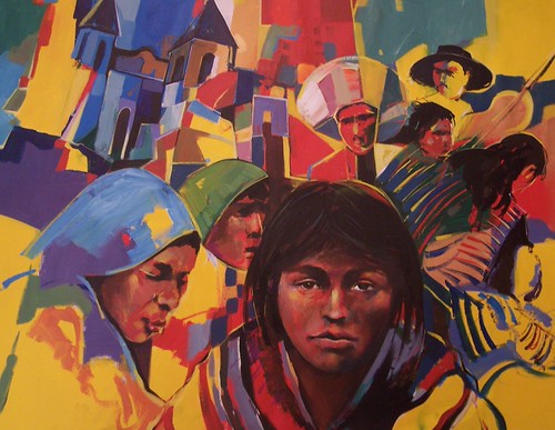 Market figures among bright angular colour blocks