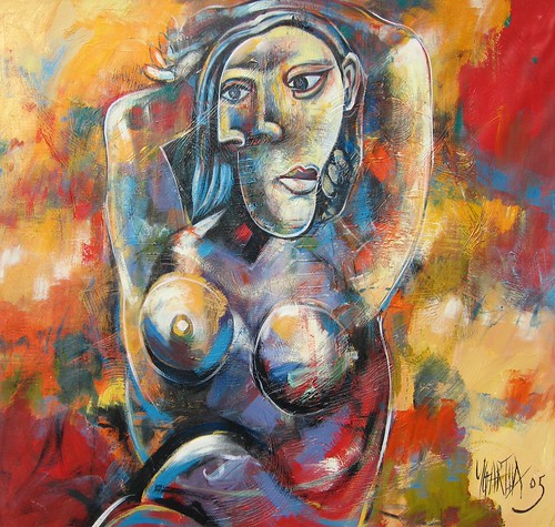 Woman with flowing hair in orange and blue