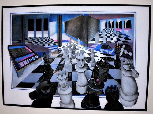 Framed perspective composition of chess pieces