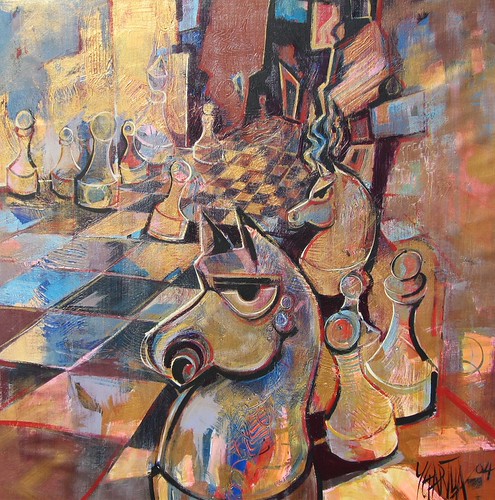 Large horse-head chess piece on a blue board