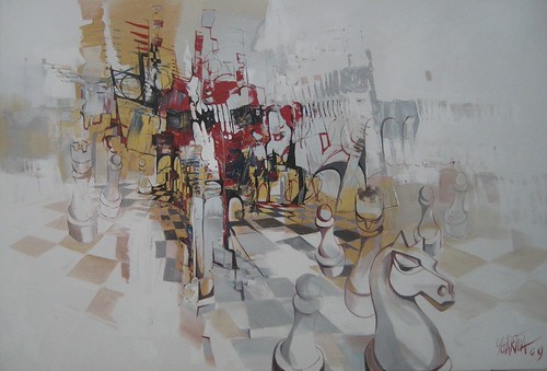 White chess pieces across a pale board
