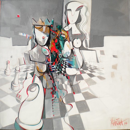 Stylised figures beside a pale chequered floor