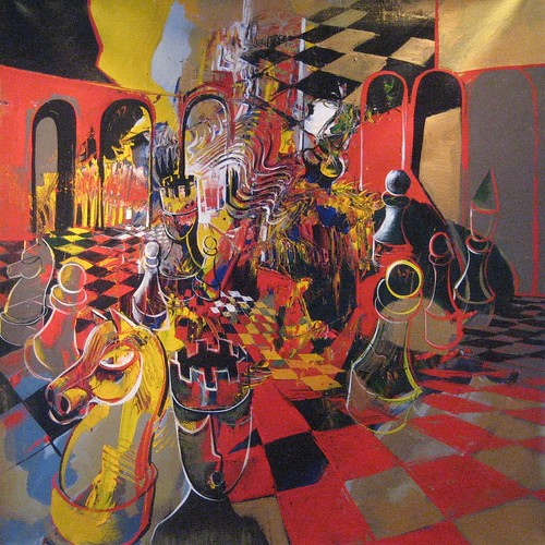 Colourful court-like figures with a dark knight piece
