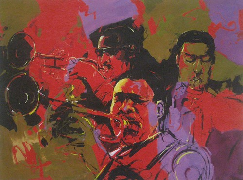 Musicians with brass instruments on a red background