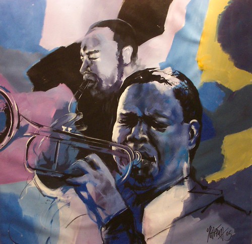 Trumpeter in profile surrounded by muted geometric colours