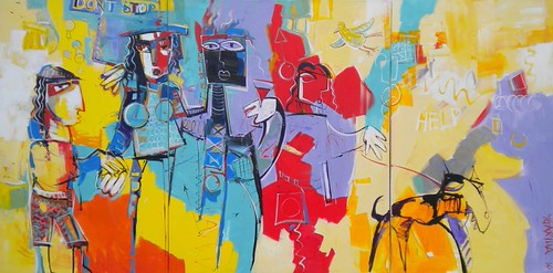 Angular group of figures against yellow, blue and red