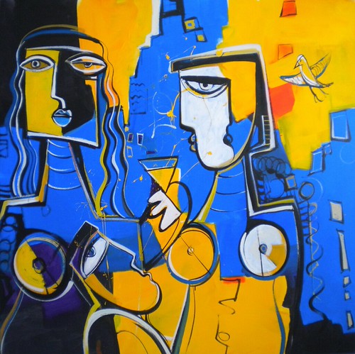 Two figures on a bright blue and yellow background
